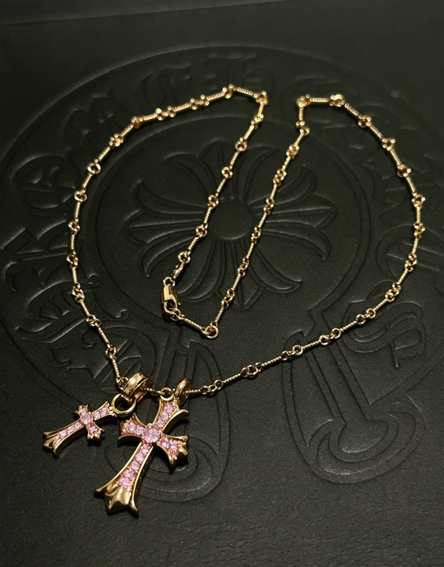 Chrome Hearts Gold Cross Pendant Necklace with Pink Stones